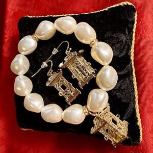 Fornash 3D Pagoda Gold Tone Filigree Earrings Baroque Faux Pearl Bracelet Set